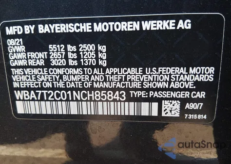 2022 BMW 740 I z USA, uszkodzony, nr VIN WBA7T2C01NCH85843